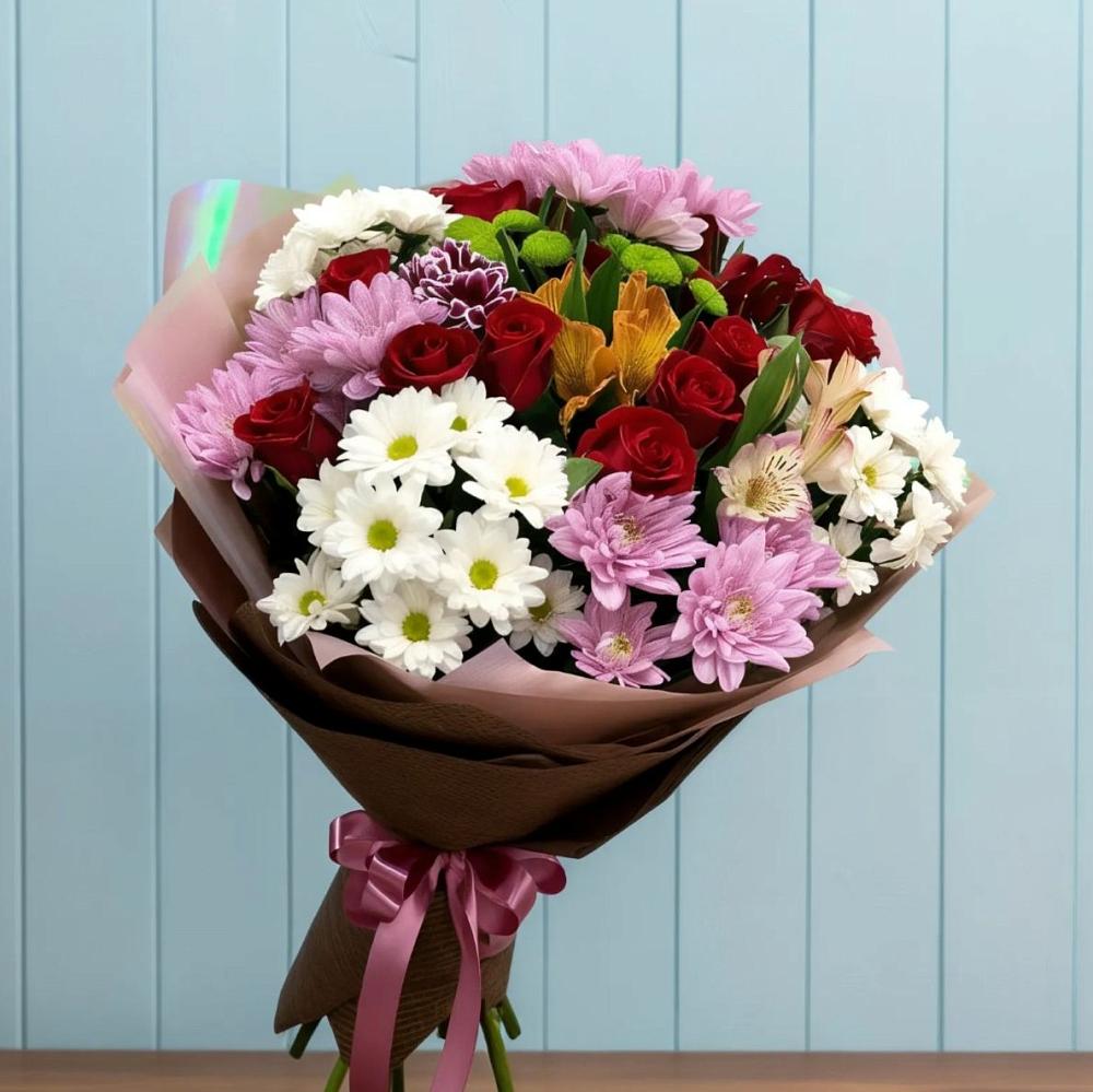 Букет цветов из: Розы, Хризантемы и Альстромерии в Крутинке
